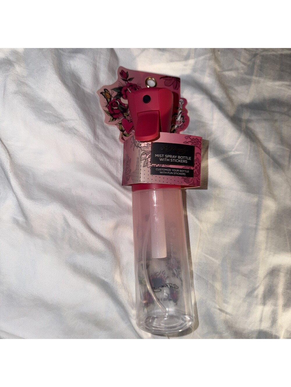 ED HARDY Reusable pink  with Stickers Plastic Mist Spray Bottle, 10.1 fl oz